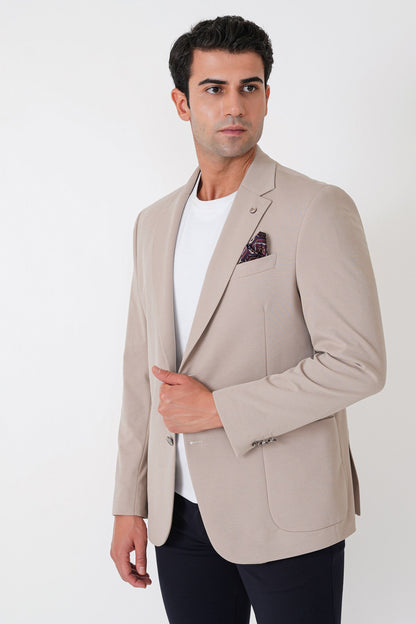 Comfort Fit Çift Yırtmaç Torba Cep Metal Düğmeli Bej Blazer Ceket C 734