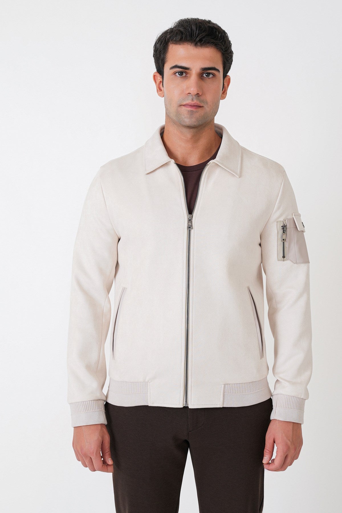 Comfort Fit Yandan Cepli Kol Etek Ribanalı Açık Bej Süet Mont Mt 182