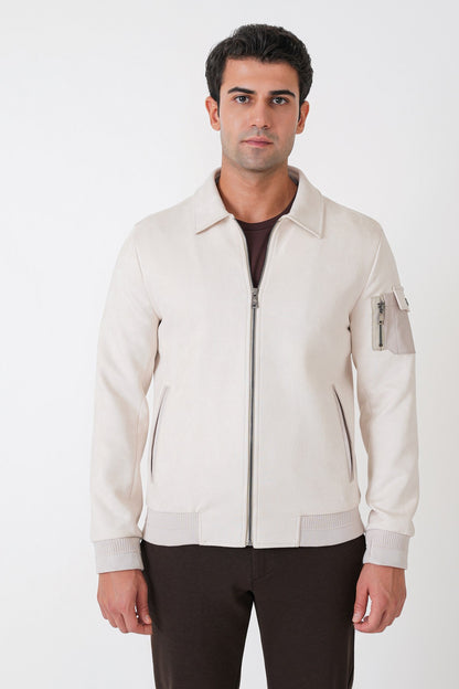 Comfort Fit Yandan Cepli Kol Etek Ribanalı Açık Bej Süet Mont Mt 182
