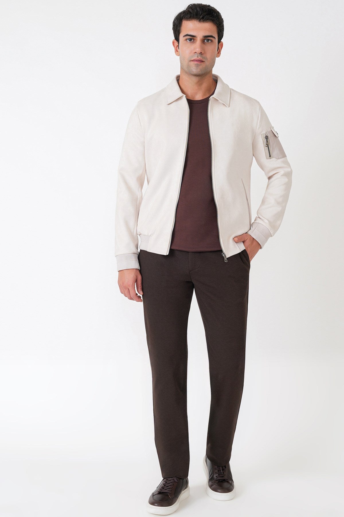 Comfort Fit Yandan Cepli Kol Etek Ribanalı Açık Bej Süet Mont Mt 182
