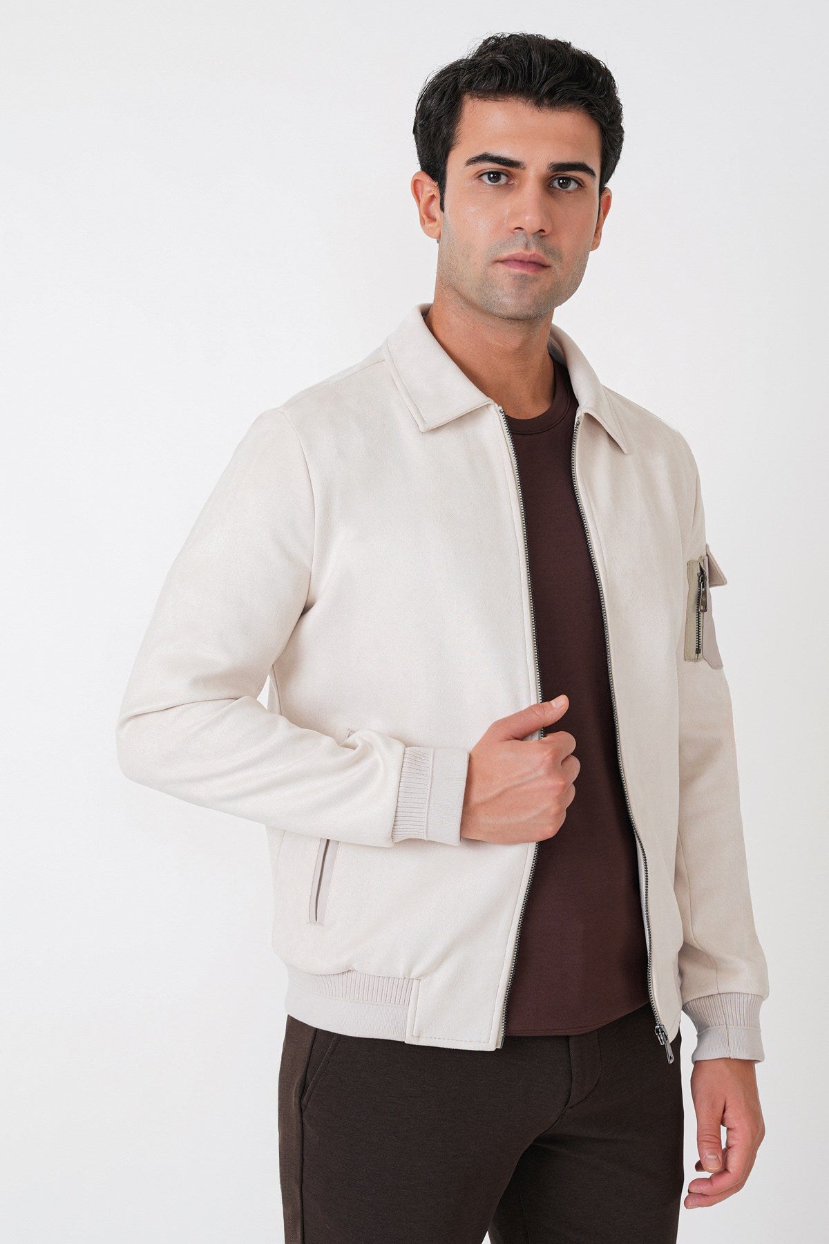 Comfort Fit Yandan Cepli Kol Etek Ribanalı Açık Bej Süet Mont Mt 182