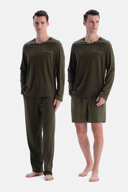 Haki Üçlü Uzun Kollu Pijama Takımı