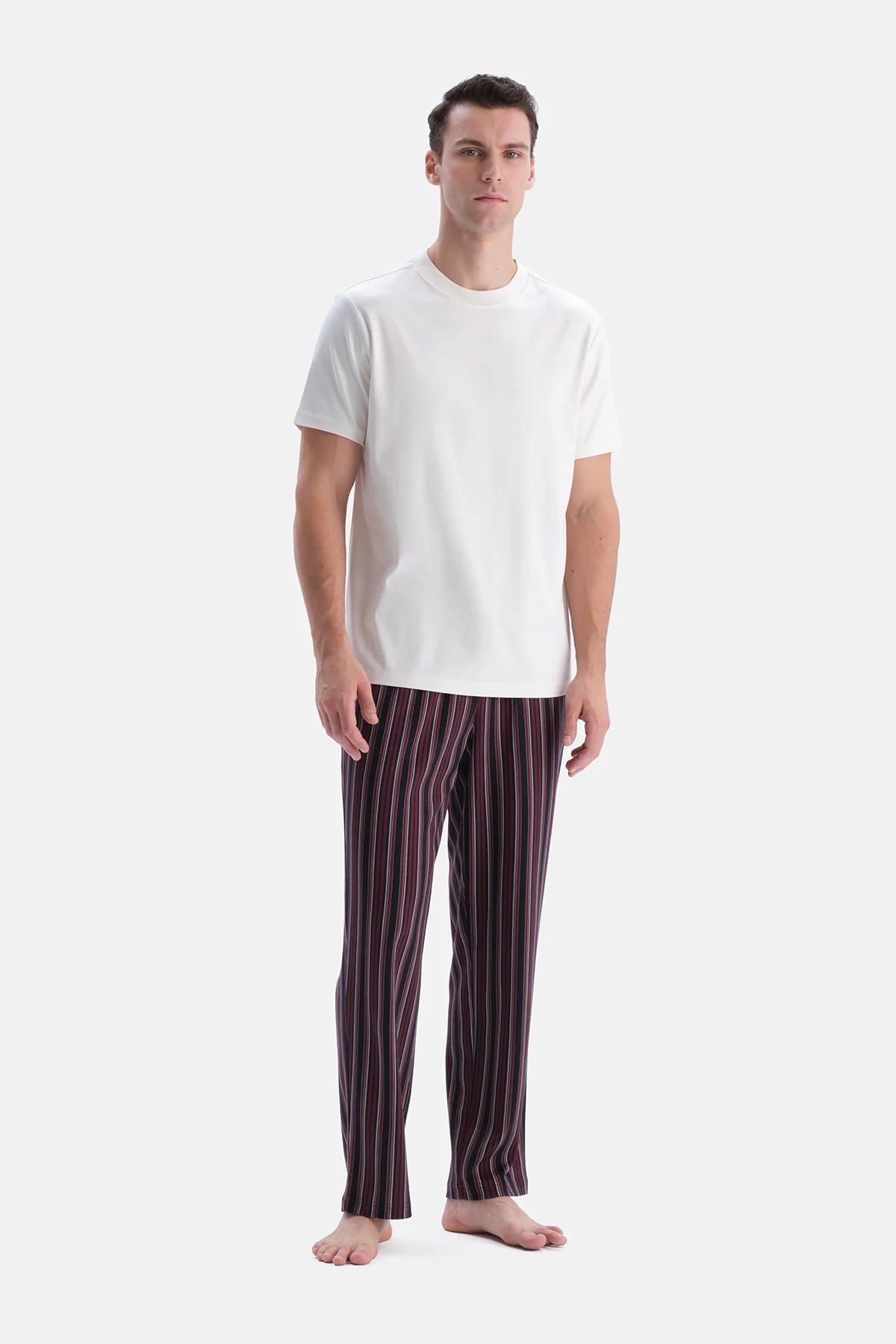 Bordo Çizgi Desenli Interlok Örme Pantolon