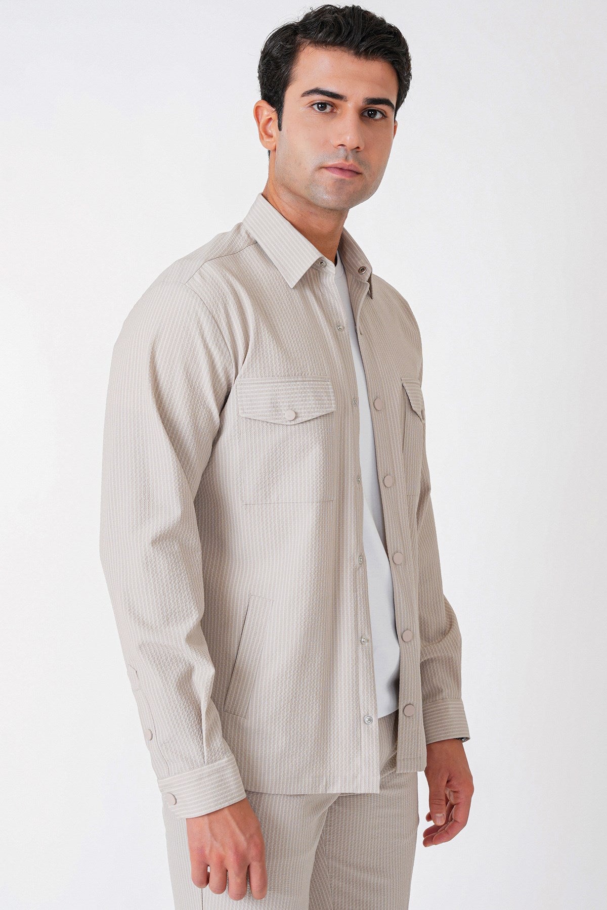 Comfort Fit Yan Cepli Esnek Ince Çizgili Taş Gömlek Ceket G 1608