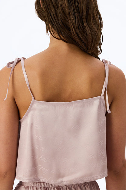 Pastel Pembe Dreamy Saten Slogan Desenli Şort Pijama Takımı
