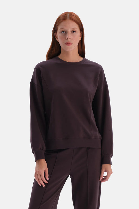 Kahverengi Bisiklet Yaka Cropped Sweatshirt