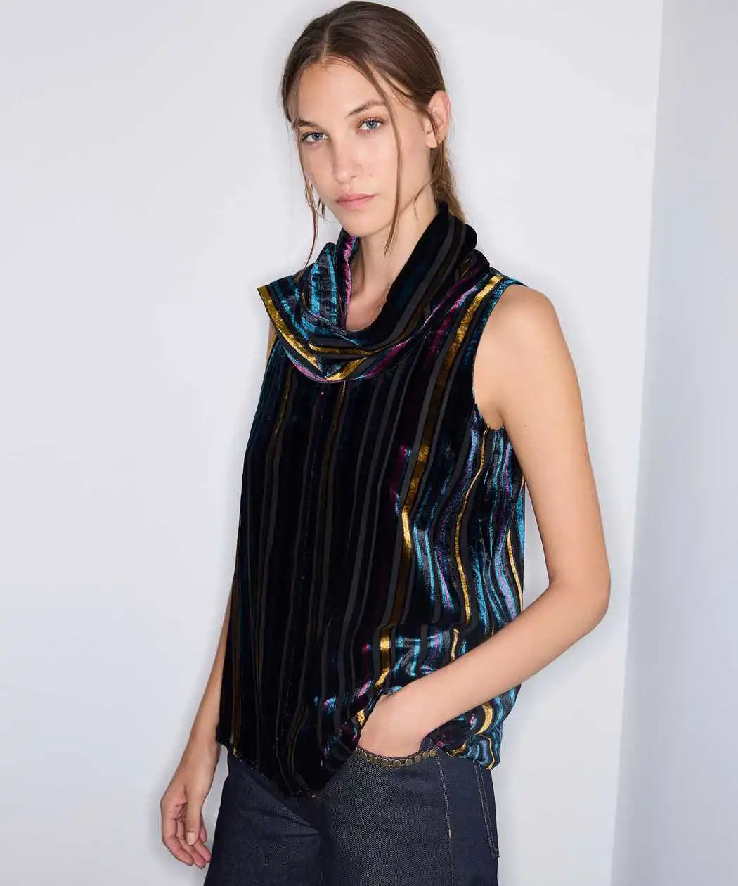 Lacivert Çizgili Kadife Bluz Iw6260006146015 | Ipekyol