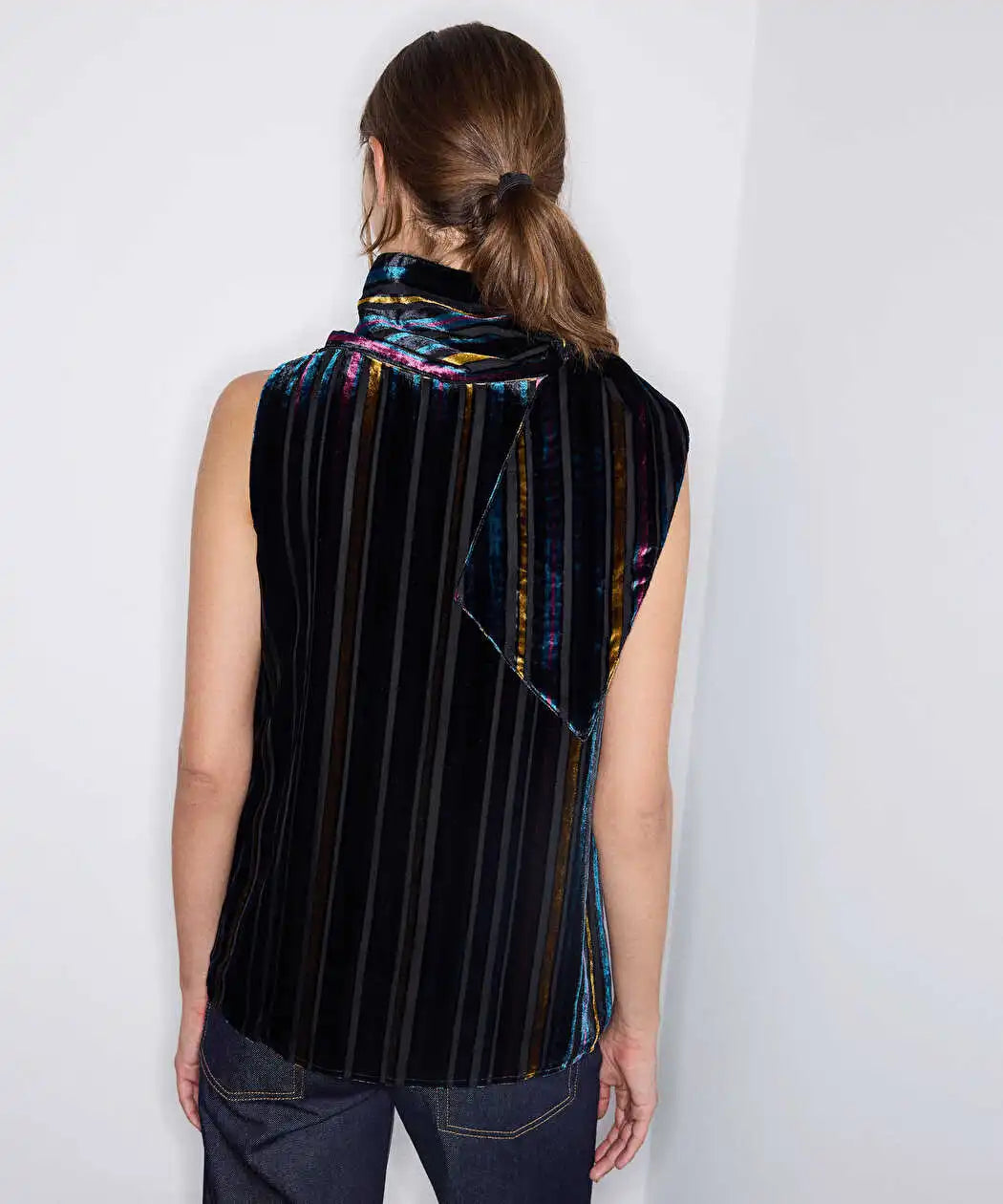 Lacivert Çizgili Kadife Bluz Iw6260006146015 | Ipekyol