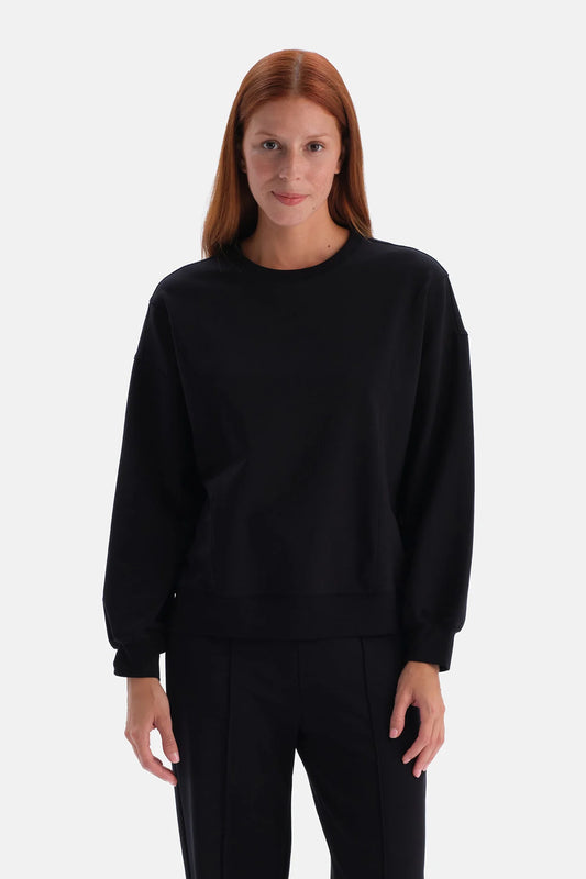 Siyah Bisiklet Yaka Cropped Sweatshirt