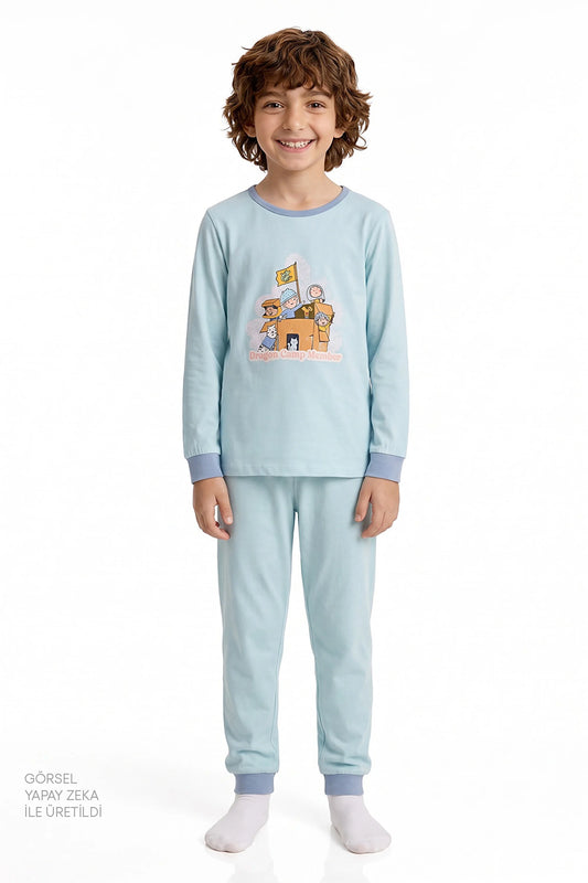 Erkek Çocuk Mavi Dragon Camp Members Pamuklu Uzun Kollu 2'li Pijama Takımı