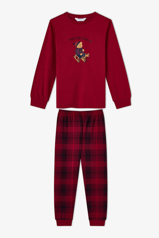 Unisex Çocuk Bordo Teddy Crew Fam Uzun Kollu Pijama Takımı