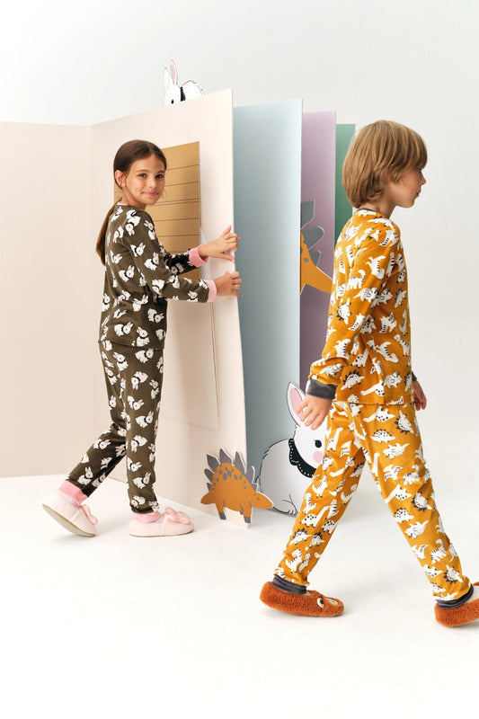 Kız Çocuk Haki Pom Bunny Tef Uzun Kollu Pijama Takımı
