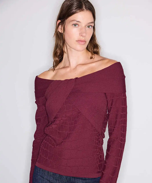 Bordo Omzu Açık Kontrast Dokulu Triko Iw6260050256049 | Ipekyol