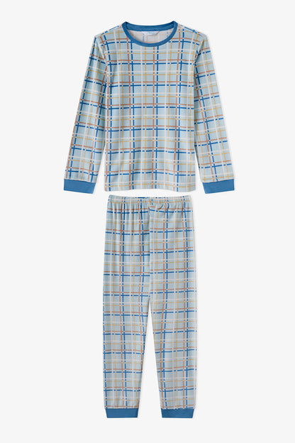 Erkek Çocuk Pastel Mavi Skyline Checks Tef Uzun Kollu Pijama Takımı