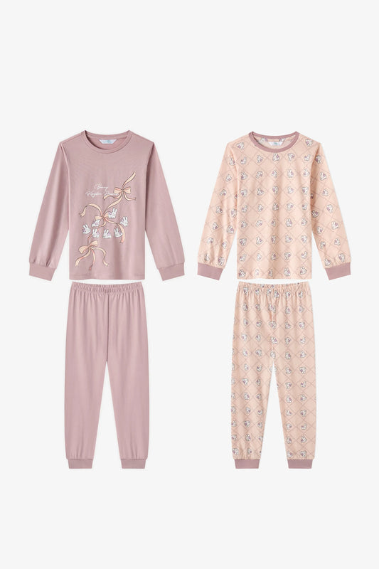 Kız Çocuk Lila Funny Bunny Pamuklu Uzun Kollu 2'li Pijama Takımı