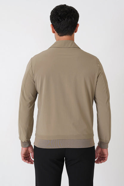 Slim Fit Önü Fermuarlı Etek Kol Ribanalı Esnek Bej Mont Mt 184