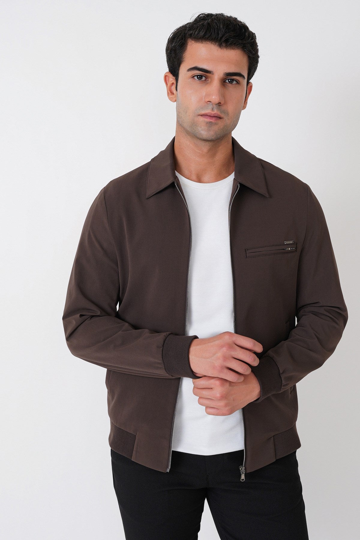 Slim Fit Önü Fermuarlı Etek Kol Ribanalı Esnek Kahverengi Mont Mt 184