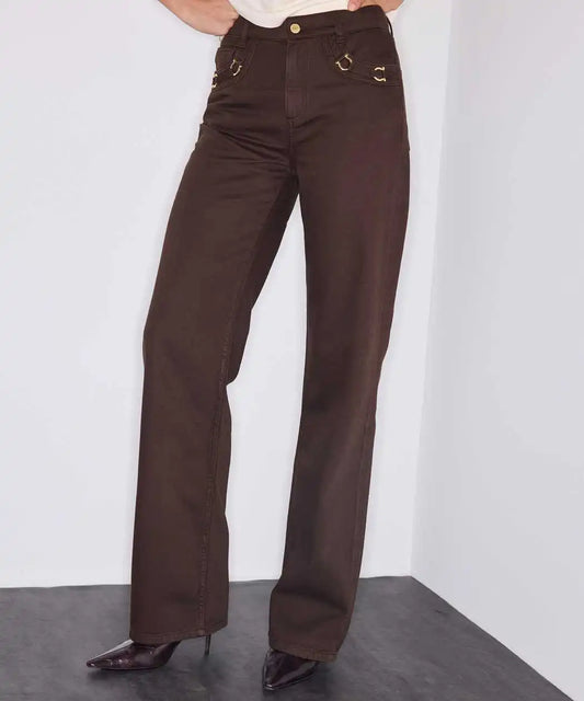 Kahverengi Metal Aksesuarlı Wide Leg Jean Pantolon Iw6260018060074 | Ipekyol