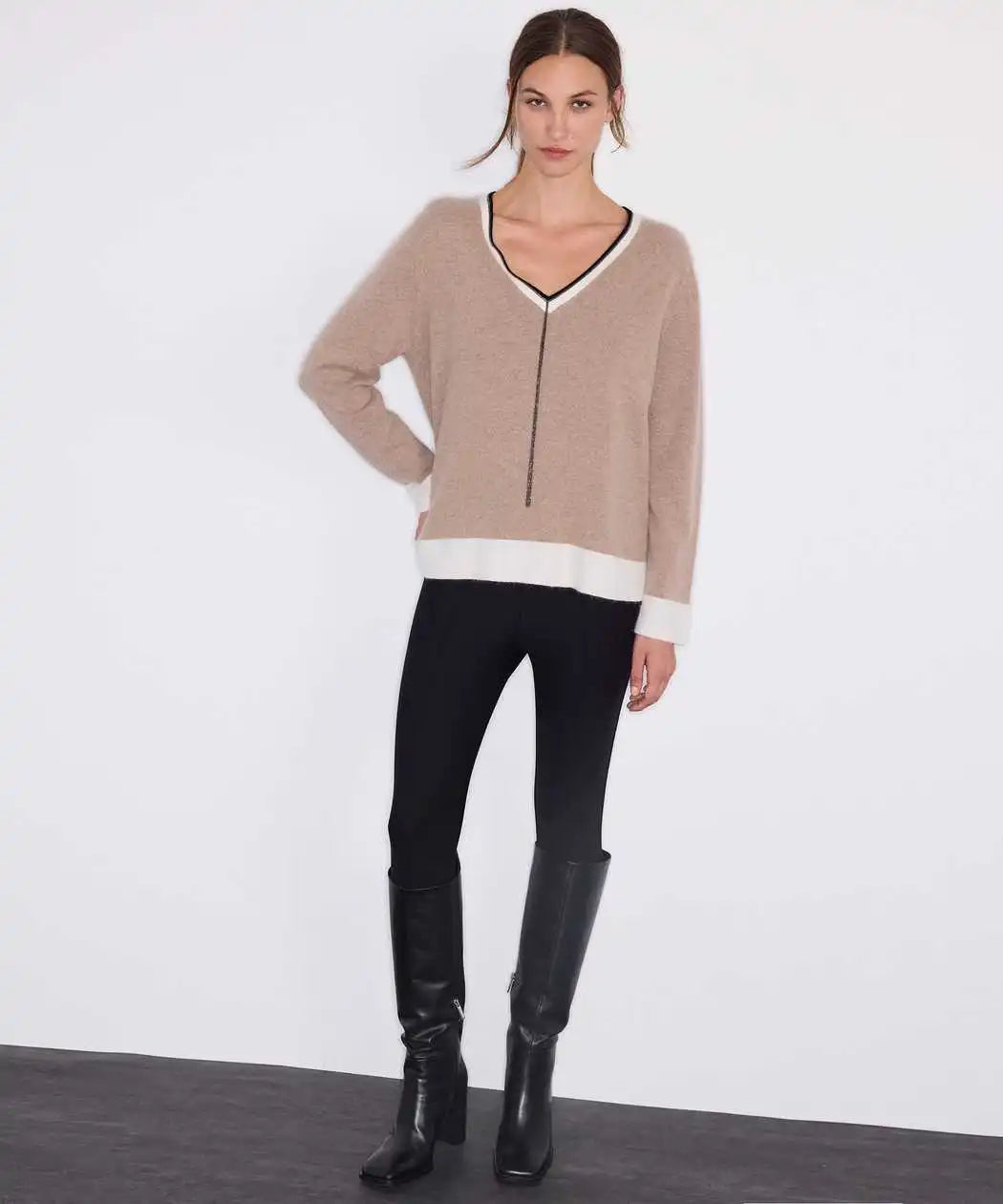 Bej Yün Içerikli Colorblock Triko Iw6260050218090 | Ipekyol