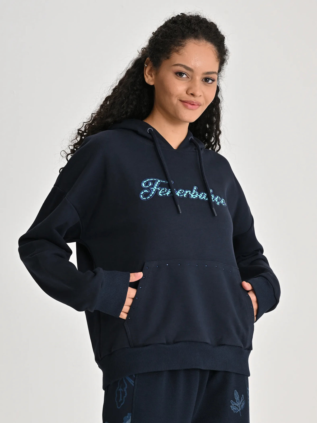Fenerbahçe Lacivert Trend Taş Baskılı Kadın Oversize Sweatshirt