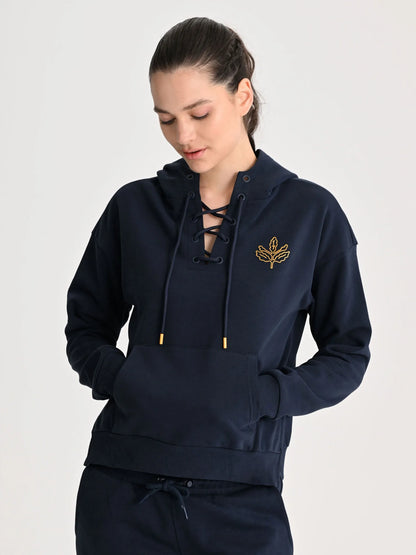 Fenerbahçe Lacivert Tribün Ipli Yakalı Kadın Oversize Sweatshirt