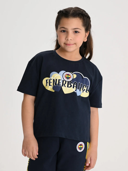 Fenerbahçe Lacivert Tribün Kalp Detaylı Çocuk Crop Oversize Tshirt