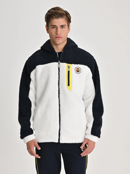 Fenerbahçe Beyaz Tribün Renk Bloklu Erkek Peluş Sweatshirt