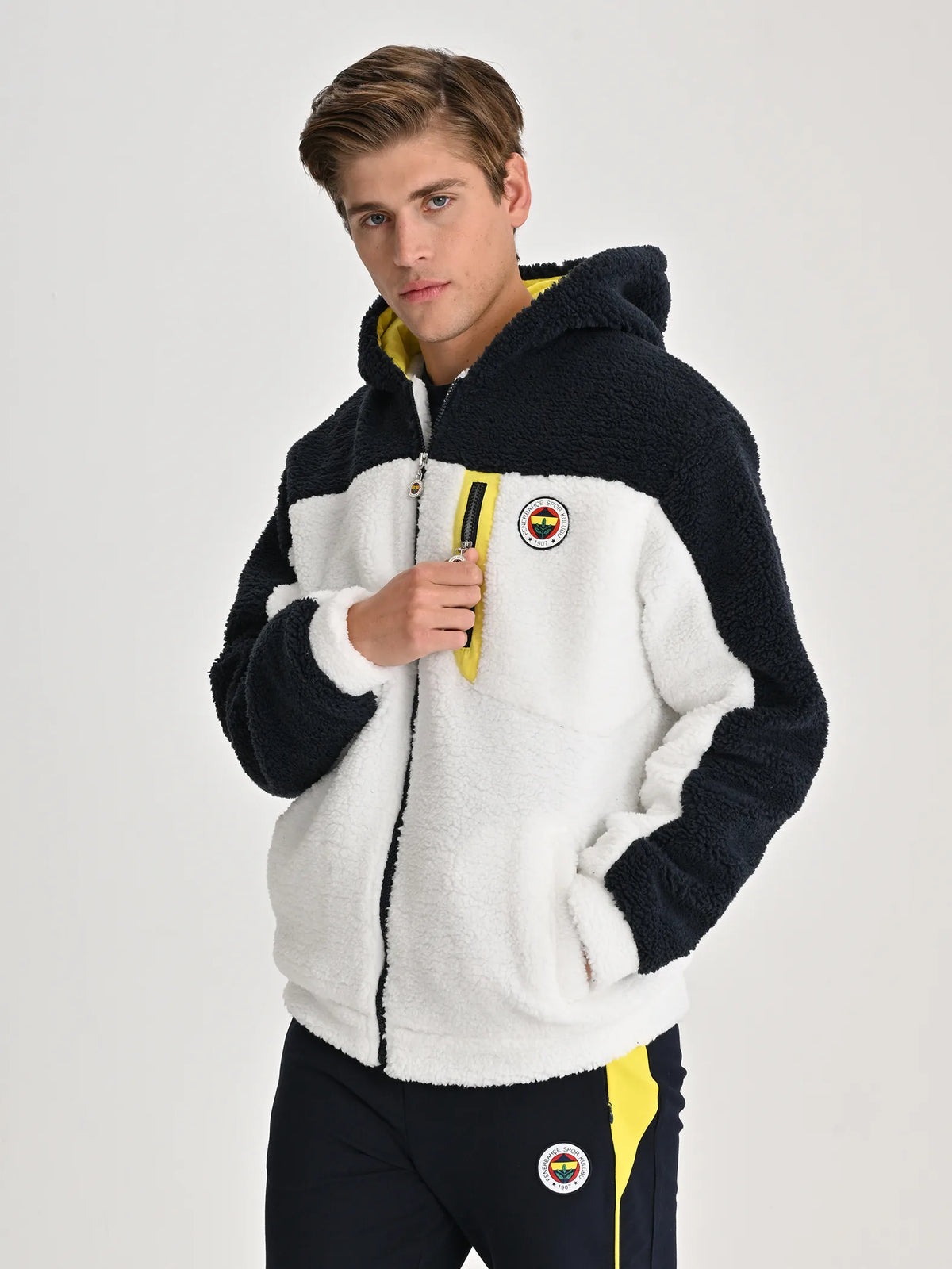Fenerbahçe Beyaz Tribün Renk Bloklu Erkek Peluş Sweatshirt