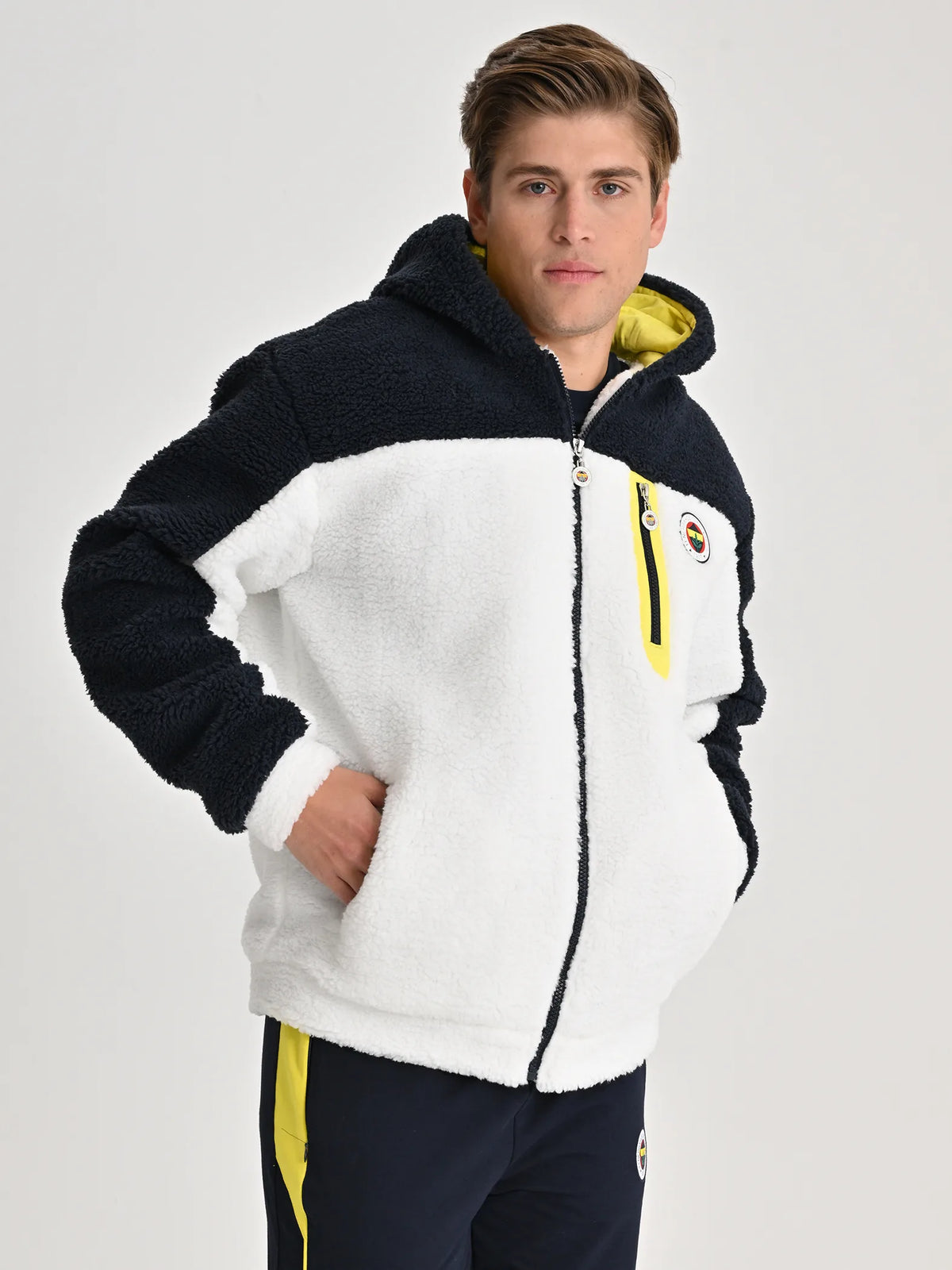 Fenerbahçe Beyaz Tribün Renk Bloklu Erkek Peluş Sweatshirt