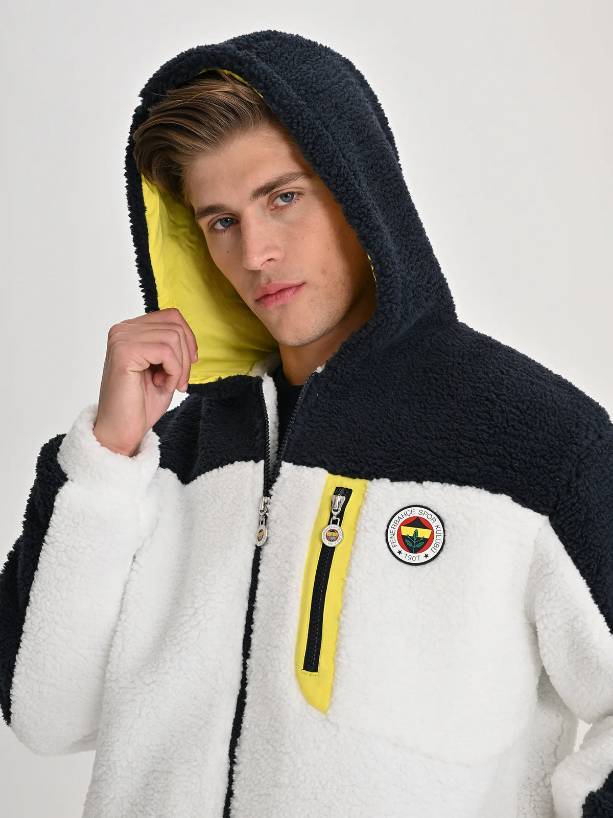 Fenerbahçe Beyaz Tribün Renk Bloklu Erkek Peluş Sweatshirt