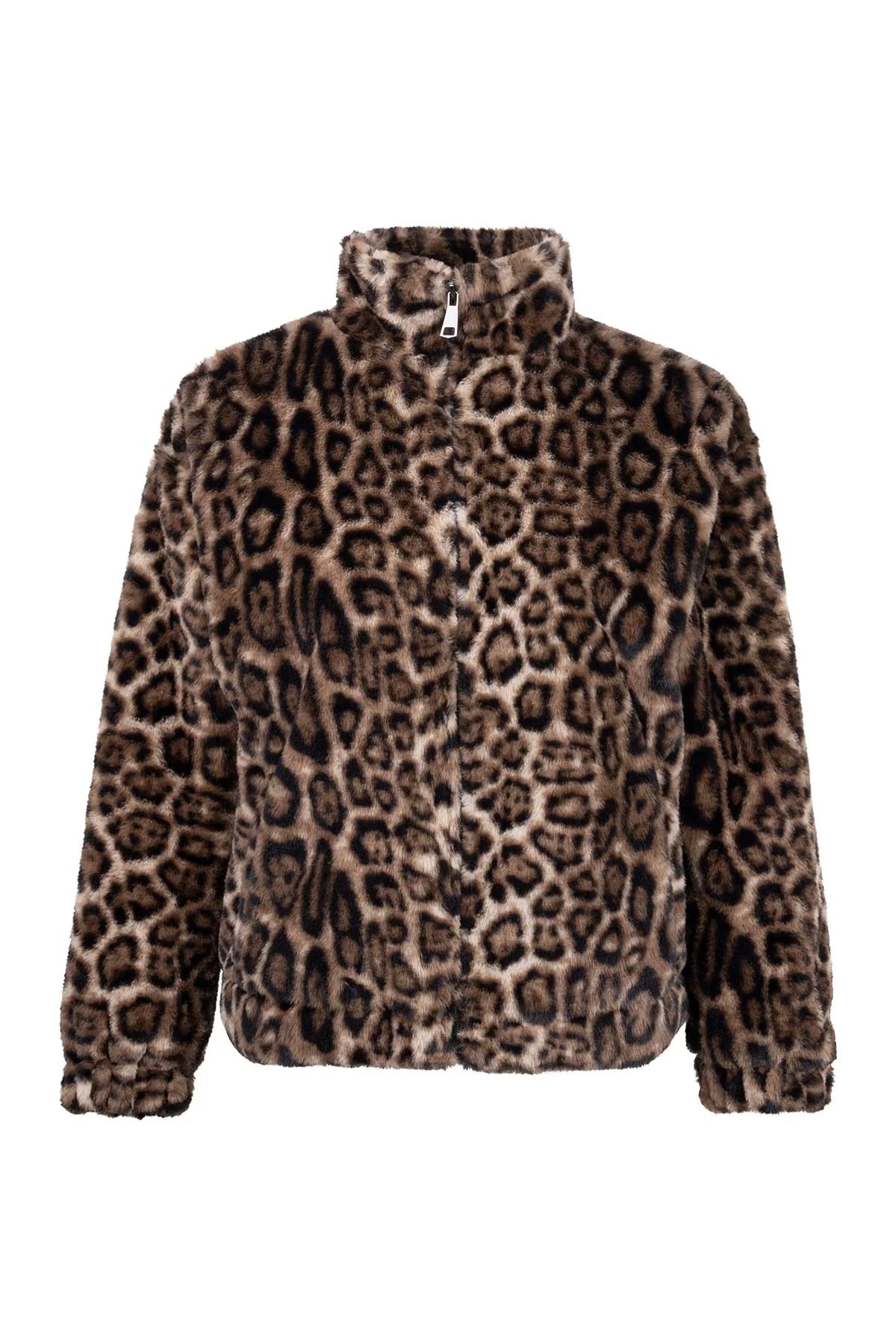 Kahverengi Leopar Desenli Peluş Mont