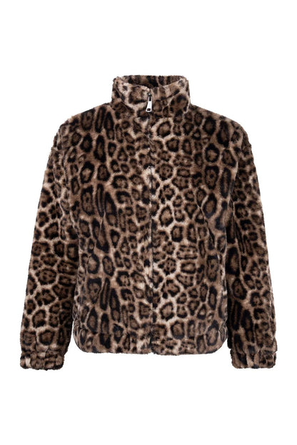 Kahverengi Leopar Desenli Peluş Mont