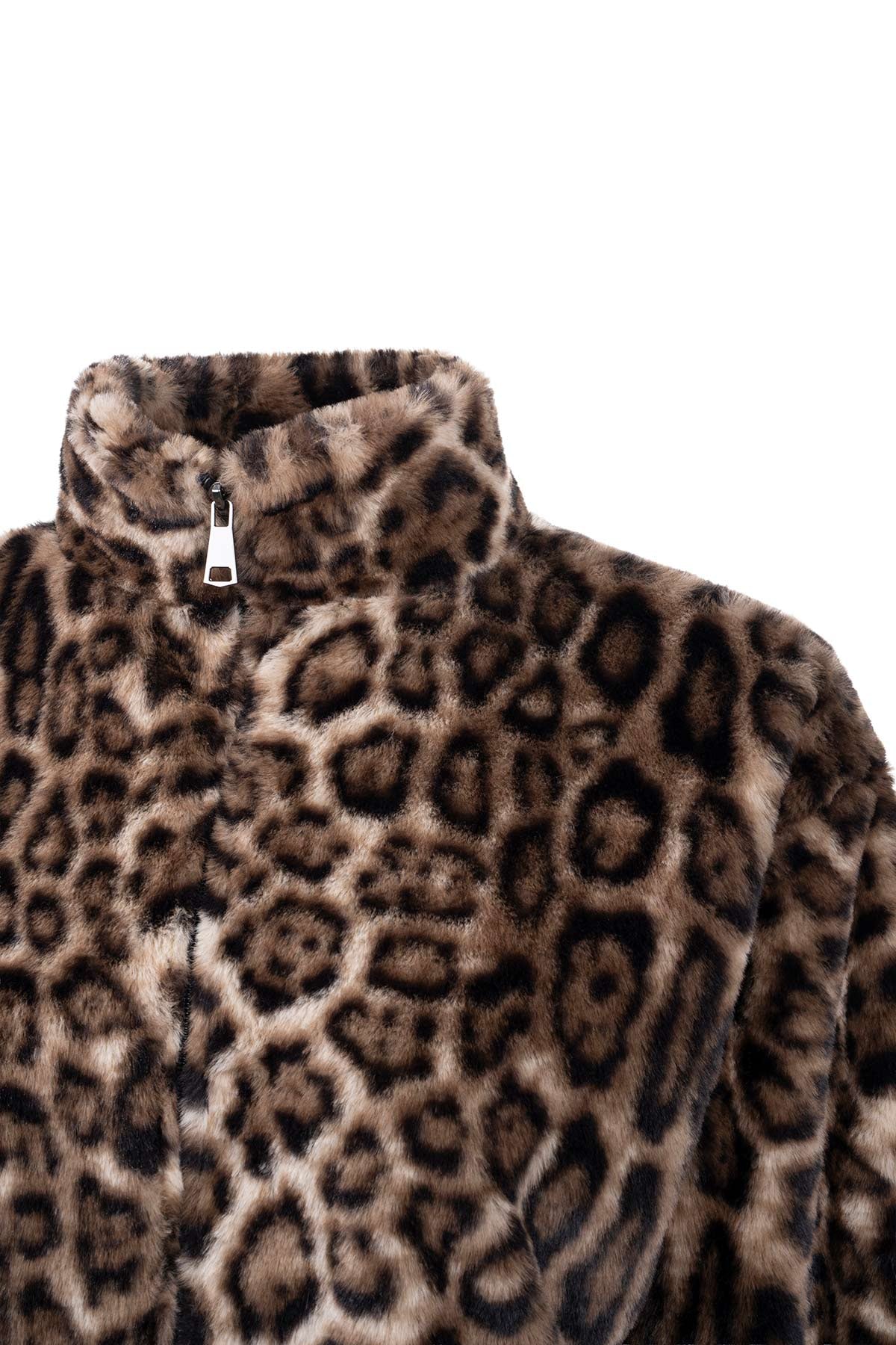 Kahverengi Leopar Desenli Peluş Mont
