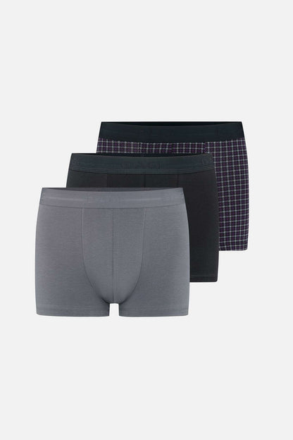 Gri-siyah 3'lü Desenli Pamuk Boxer