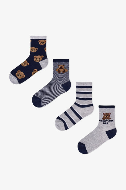 Erkek Çocuk Koyu Mavi Navy Teddy Ayı Desenli Pamuklu 4 Çift Soket Çorap