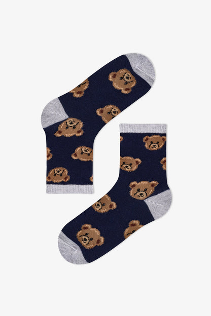 Erkek Çocuk Koyu Mavi Navy Teddy Ayı Desenli Pamuklu 4 Çift Soket Çorap
