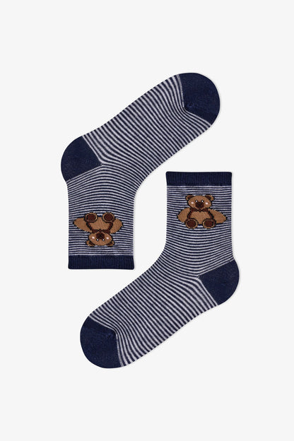 Erkek Çocuk Koyu Mavi Navy Teddy Ayı Desenli Pamuklu 4 Çift Soket Çorap