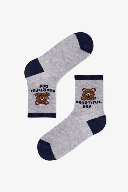 Erkek Çocuk Koyu Mavi Navy Teddy Ayı Desenli Pamuklu 4 Çift Soket Çorap