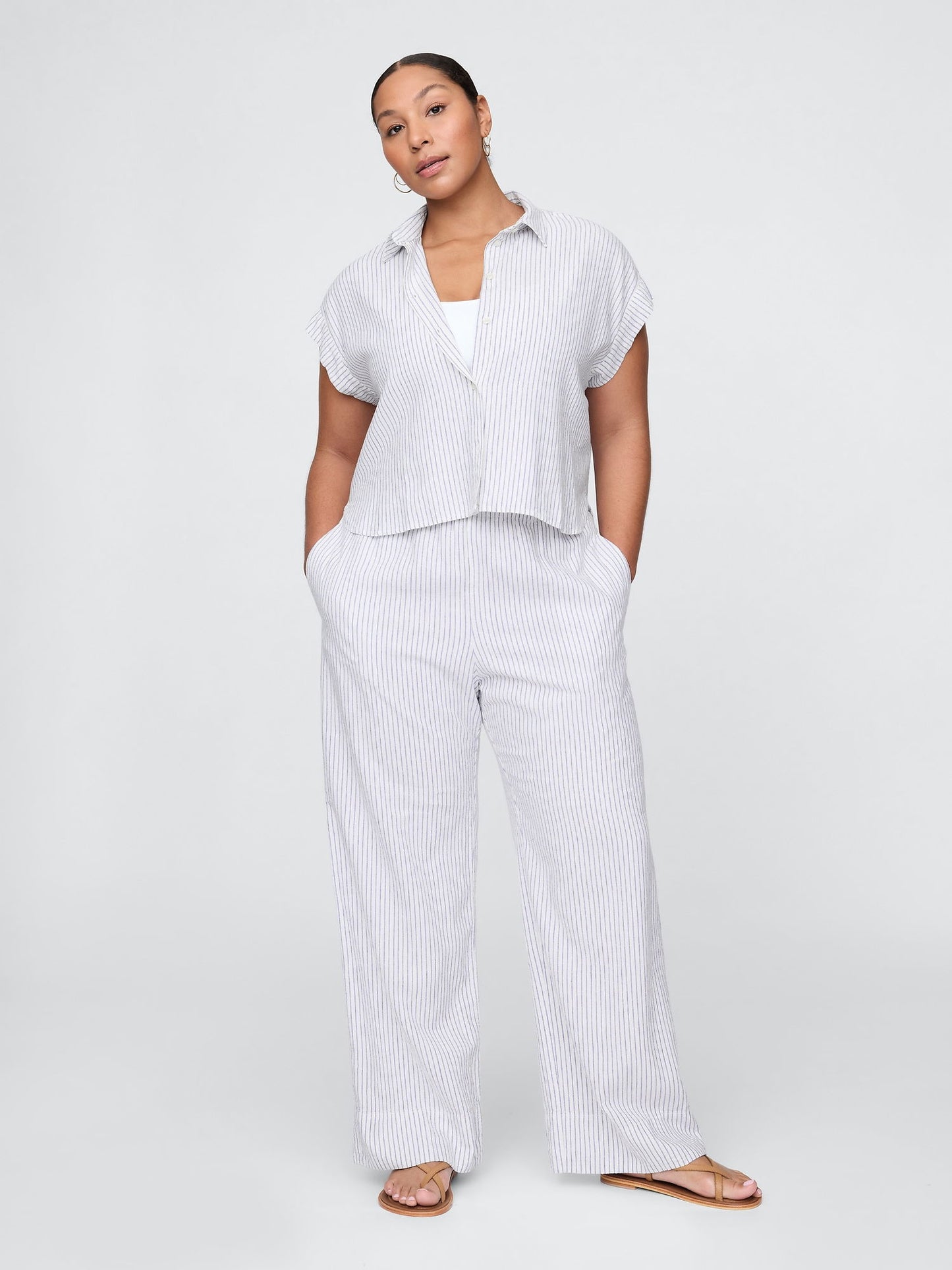 Açık Mavi Keten Karışımı Easy Wide Leg Pantolon
