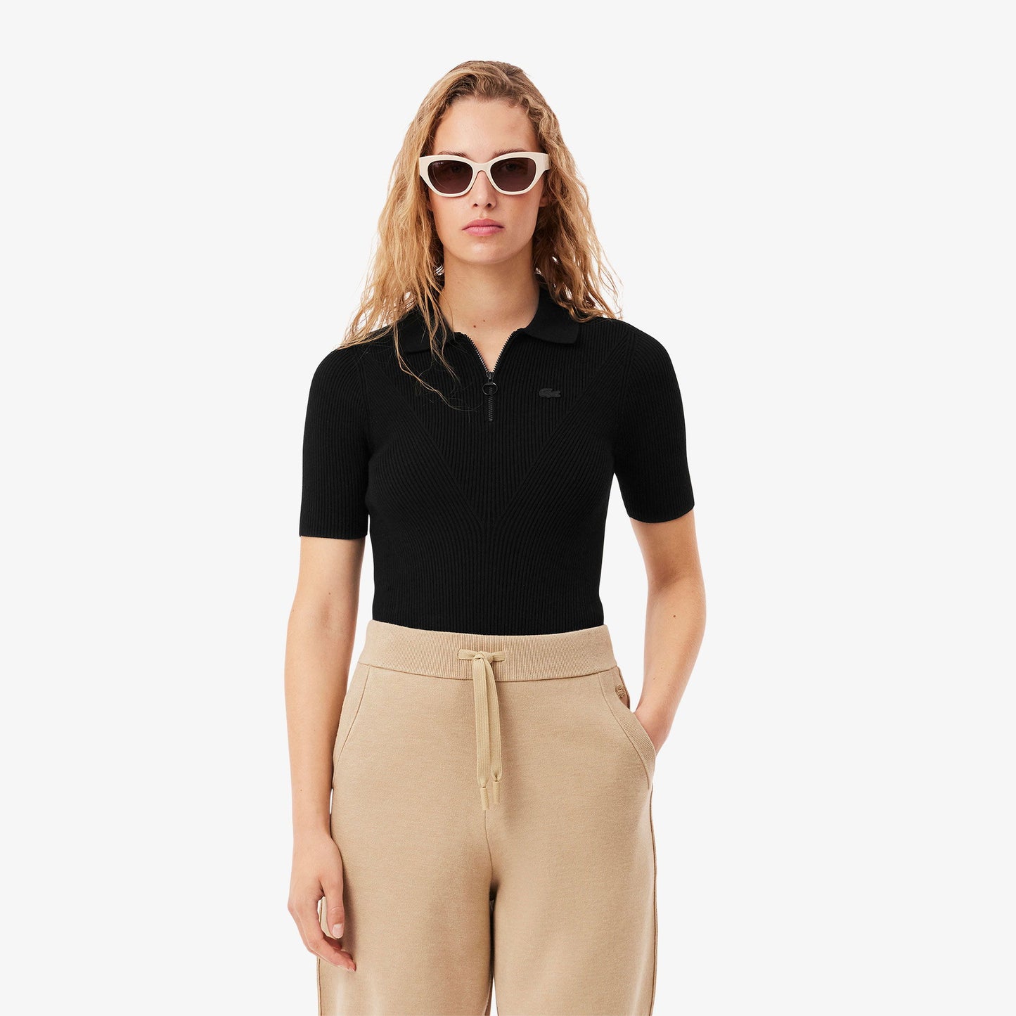 Lacoste Kadın Slim Fit Kısa Kollu Yarım Fermuarlı Siyah Triko