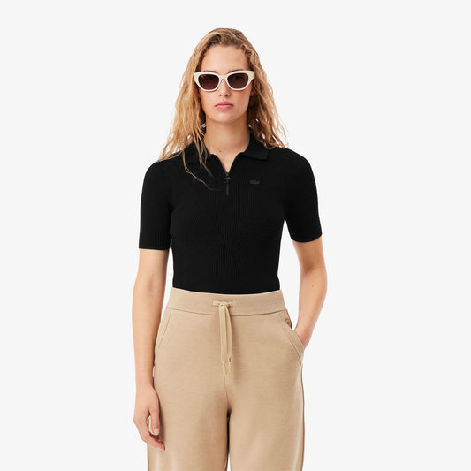 Lacoste Kadın Slim Fit Kısa Kollu Yarım Fermuarlı Siyah Triko