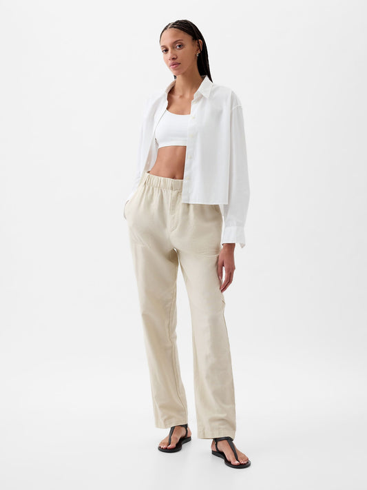 Bej High Rise Keten Karışımlı Pull-on Pantolon