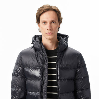 Lacoste Erkek Kapüşonlu Çizgili Siyah Mont