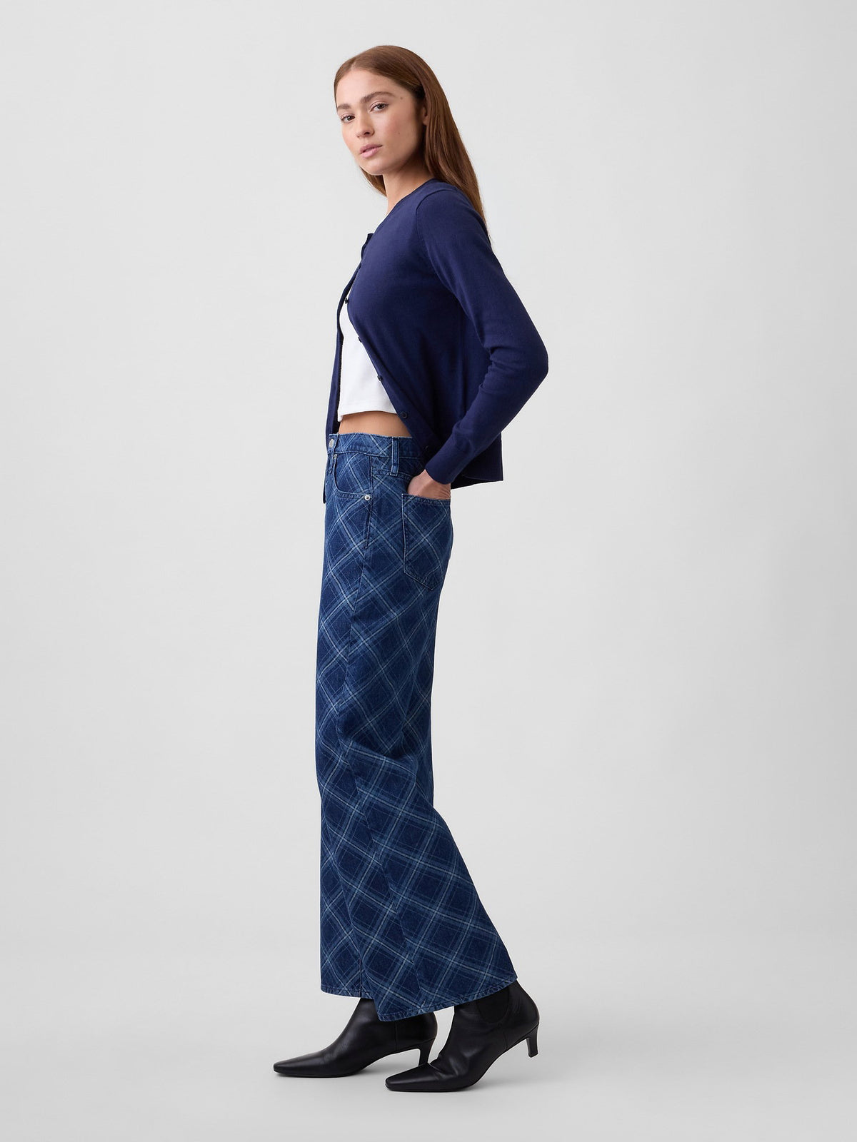 Koyu Mavi High Rise Baskılı Wide-leg Jean Pantolon