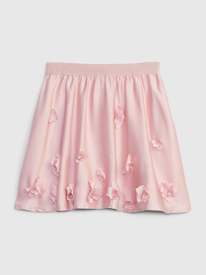 Pembe Çiçek Motifli Saten Etek