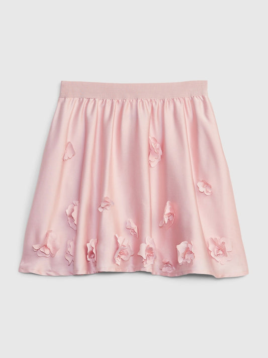 Pembe Çiçek Motifli Saten Etek