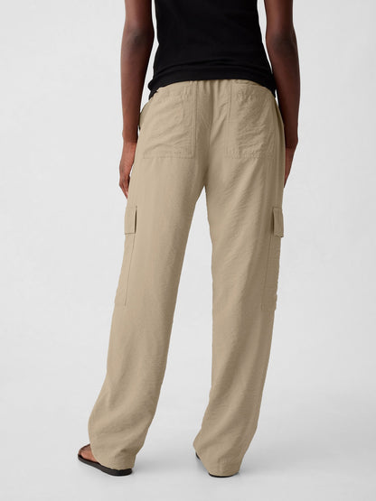 Bej Mid Rise Pull-on Kargo Pantolon