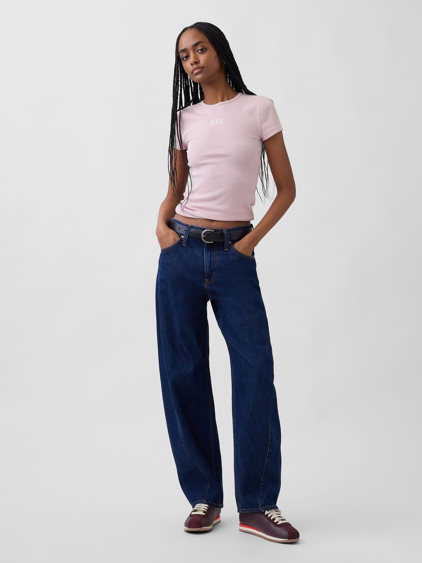 Açık Pembe Modern Fitilli Gap Logo T-shirt