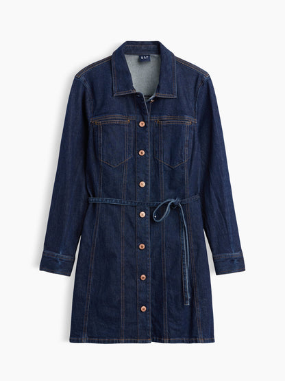 Koyu Mavi Denim Kemerli Mini Elbise