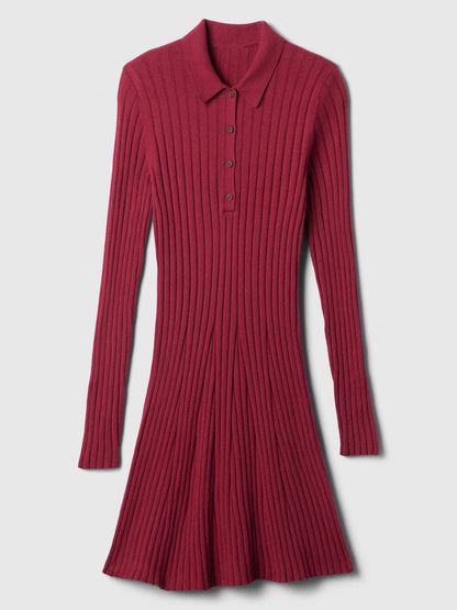 Bordo Polo Yaka Triko Mini Elbise